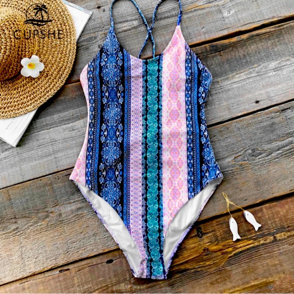 Boho Print LaceUp Tribe OnePiece Swimsuit Backless